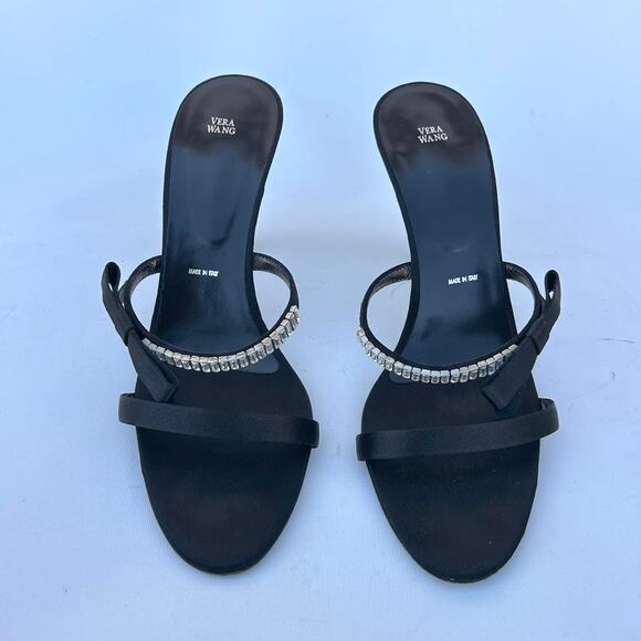 Vera Wang Rhinestone Bow Mules Strappy Heels Satin Black Box 38.5 Size 8.5 - Picture 4 of 11